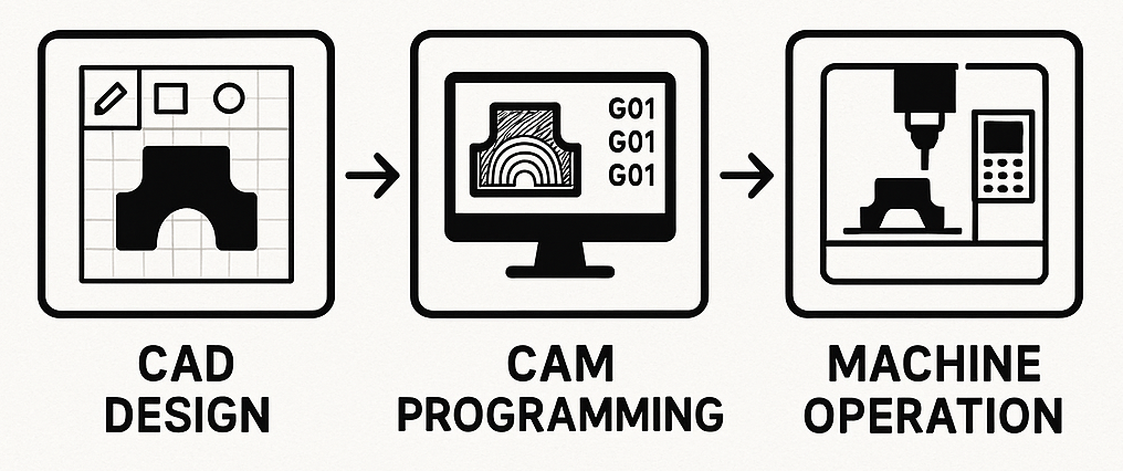 steps from CAD design to CAM programming to machine tool execution